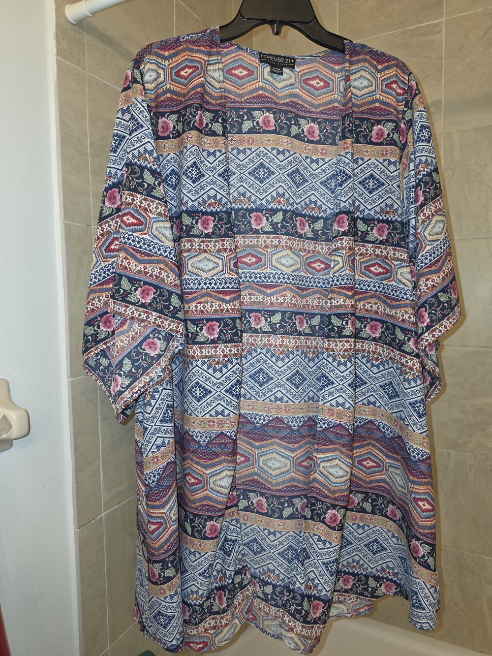 Forever 21 Plus Sizes Multi-Pattern Floral Kimono Dress - Navy, Pink, Cream